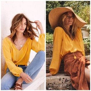 Sézane Alena Silk Peasant Blouse Sunset Saffron Yellow